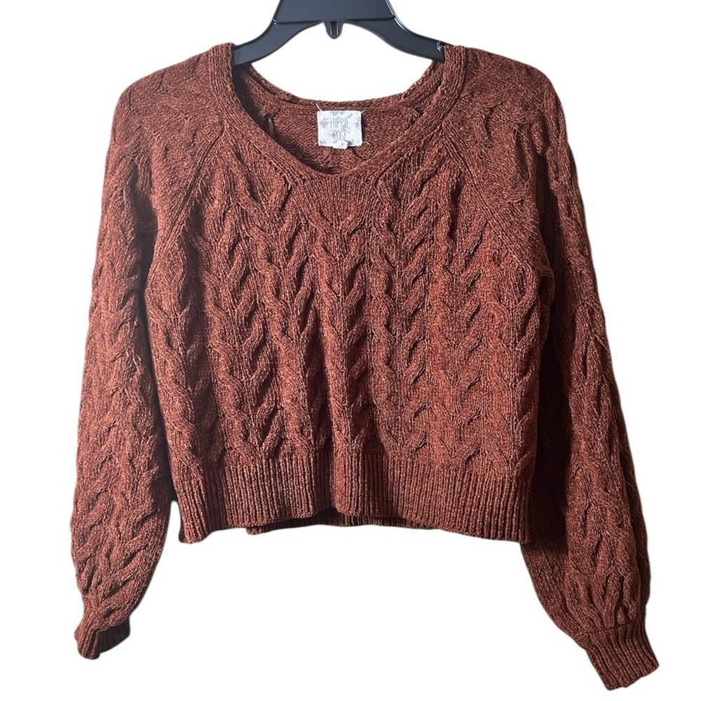 Hippie Rose Cropped Cable Knit V Neck Sweater‎ Brown XS Cozy Fall Casual Winter